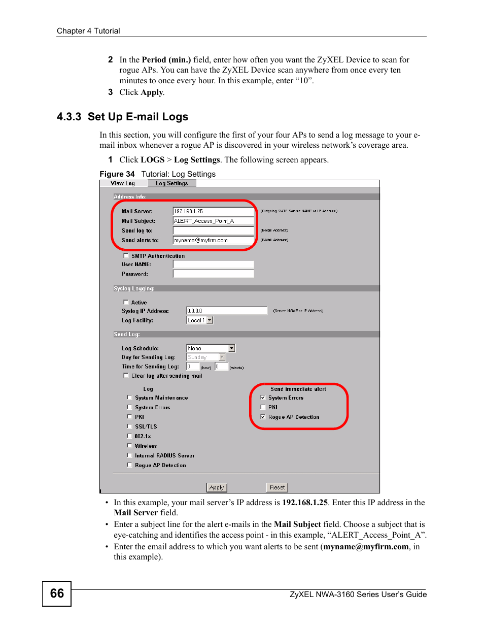 3 set up e-mail logs, Figure 34 tutorial: log settings | ZyXEL Communications NWA-3160 Series User Manual | Page 66 / 320