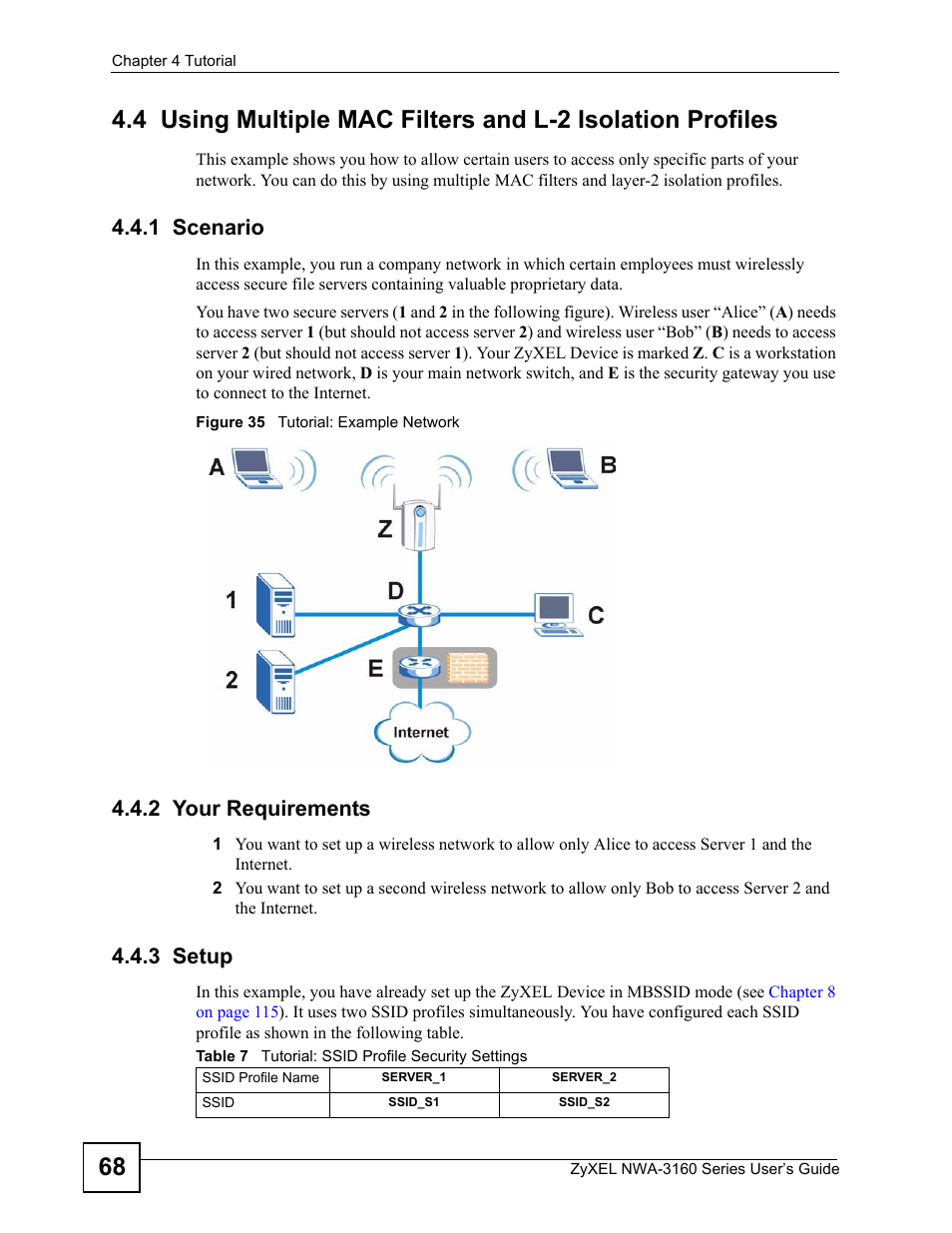1 scenario, 2 your requirements, 3 setup | 1 scenario 4.4.2 your requirements 4.4.3 setup, Figure 35 tutorial: example network, Table 7 tutorial: ssid profile security settings | ZyXEL Communications NWA-3160 Series User Manual | Page 68 / 320