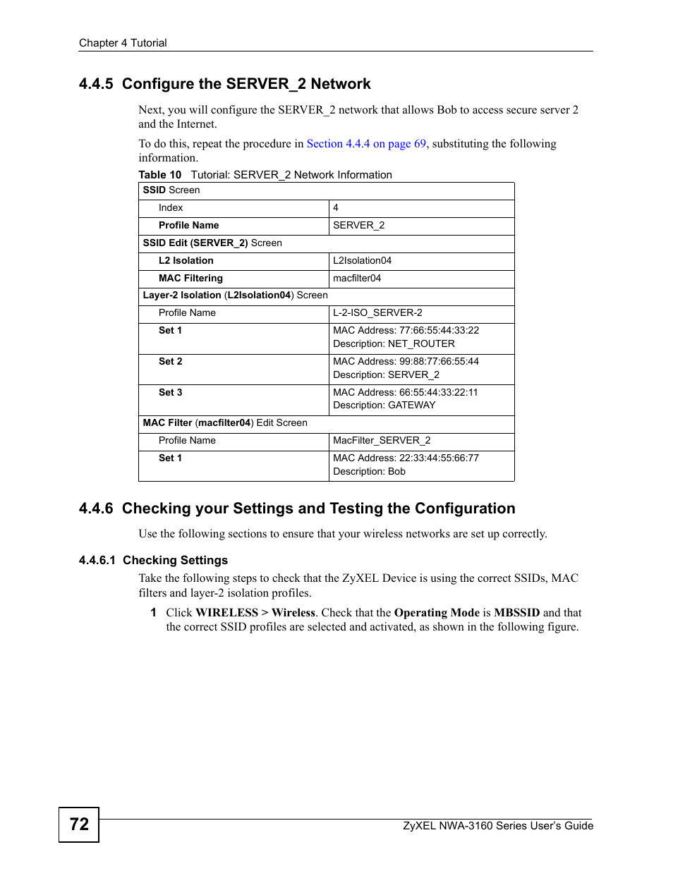 5 configure the server_2 network, 1 checking settings, Table 10 tutorial: server_2 network information | ZyXEL Communications NWA-3160 Series User Manual | Page 72 / 320
