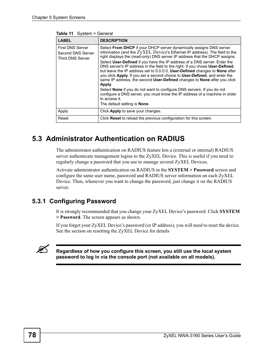3 administrator authentication on radius, 1 configuring password, 78 5.3 administrator authentication on radius | ZyXEL Communications NWA-3160 Series User Manual | Page 78 / 320