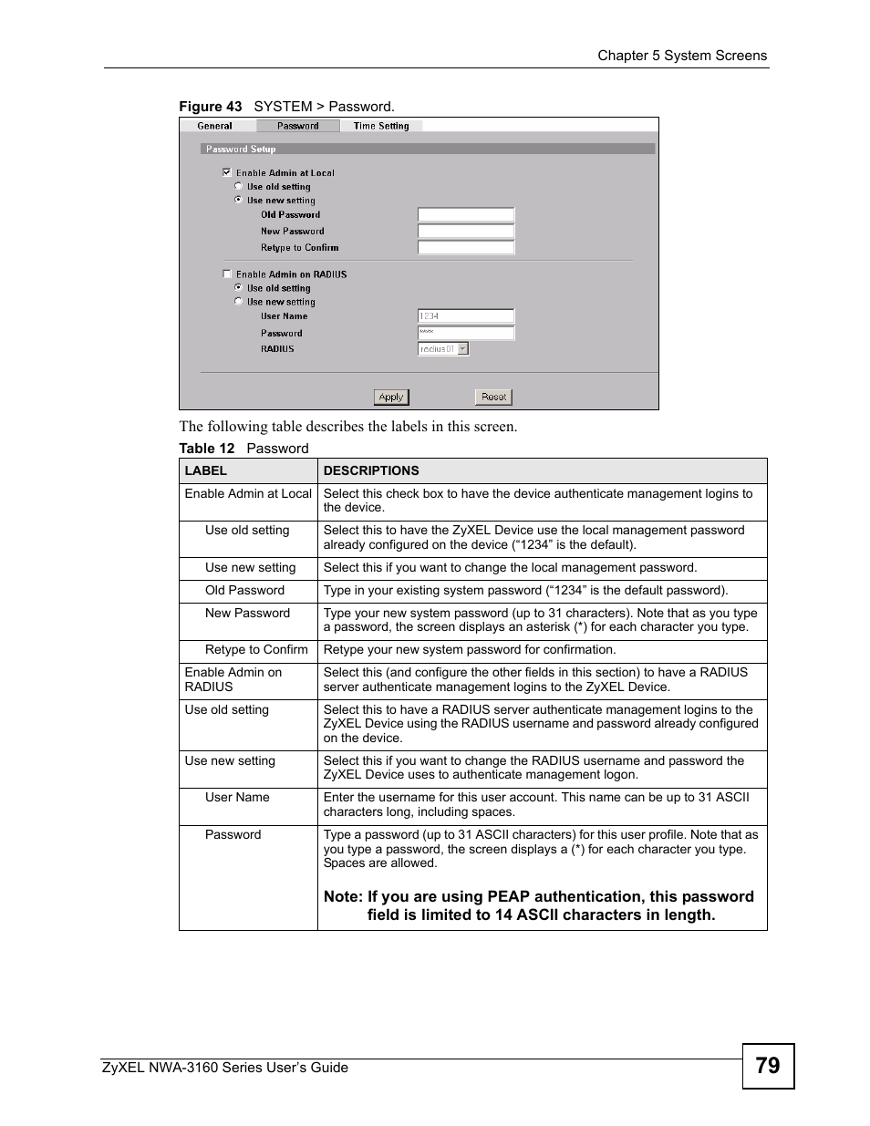 Figure 43 system > password, Table 12 password | ZyXEL Communications NWA-3160 Series User Manual | Page 79 / 320
