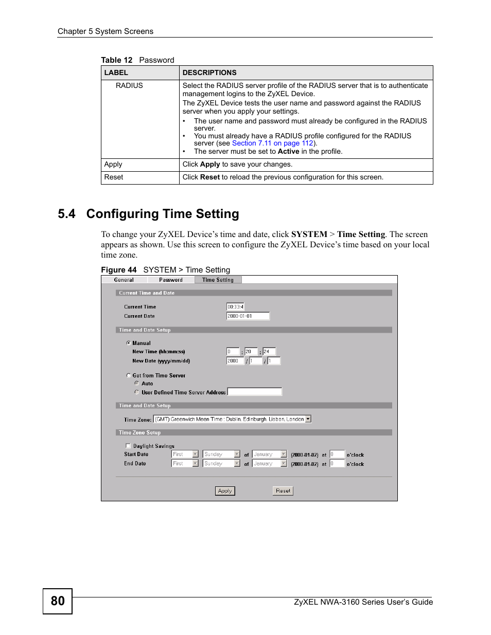 4 configuring time setting, Figure 44 system > time setting, 80 5.4 configuring time setting | ZyXEL Communications NWA-3160 Series User Manual | Page 80 / 320