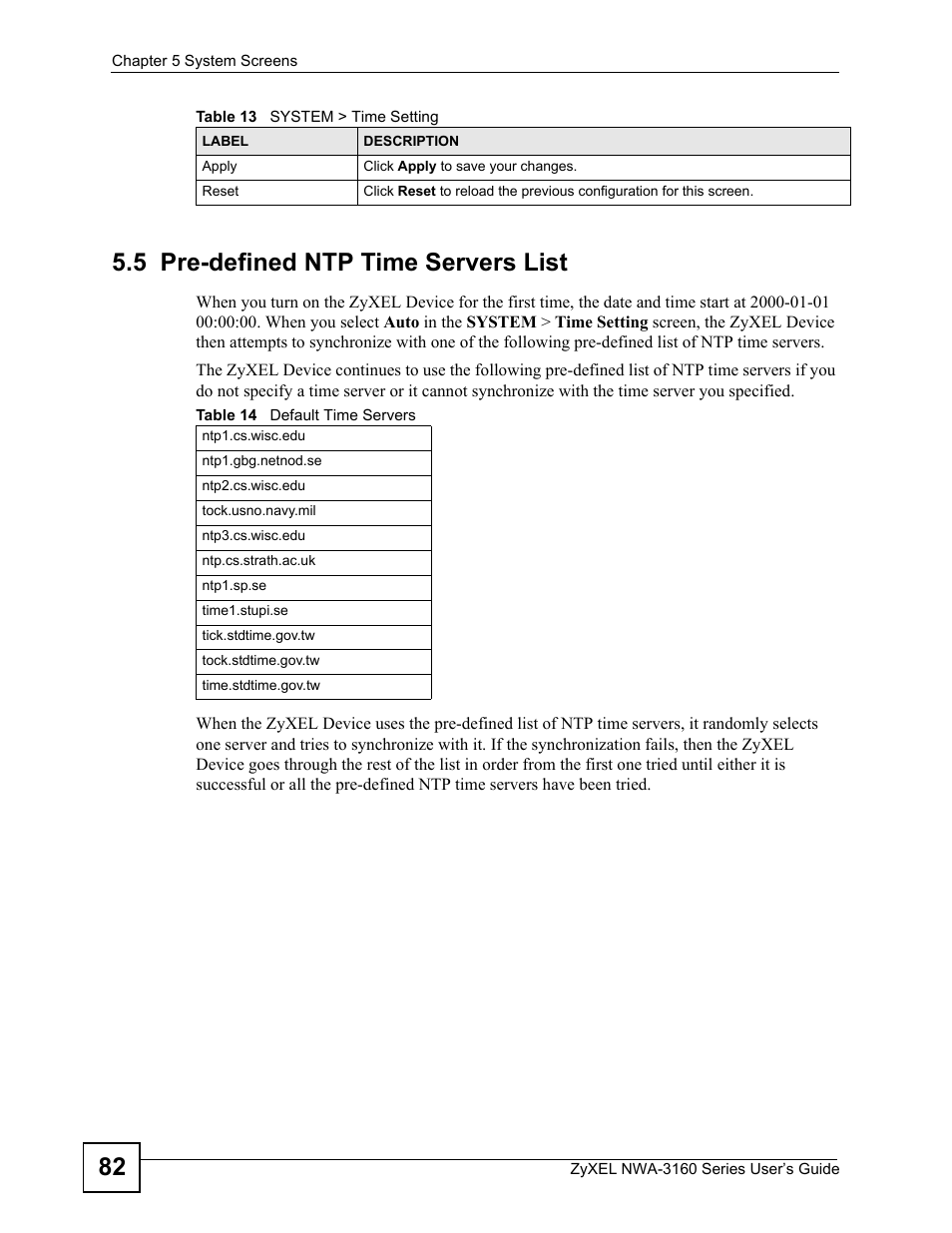 5 pre-defined ntp time servers list, Table 14 default time servers, 82 5.5 pre-defined ntp time servers list | ZyXEL Communications NWA-3160 Series User Manual | Page 82 / 320