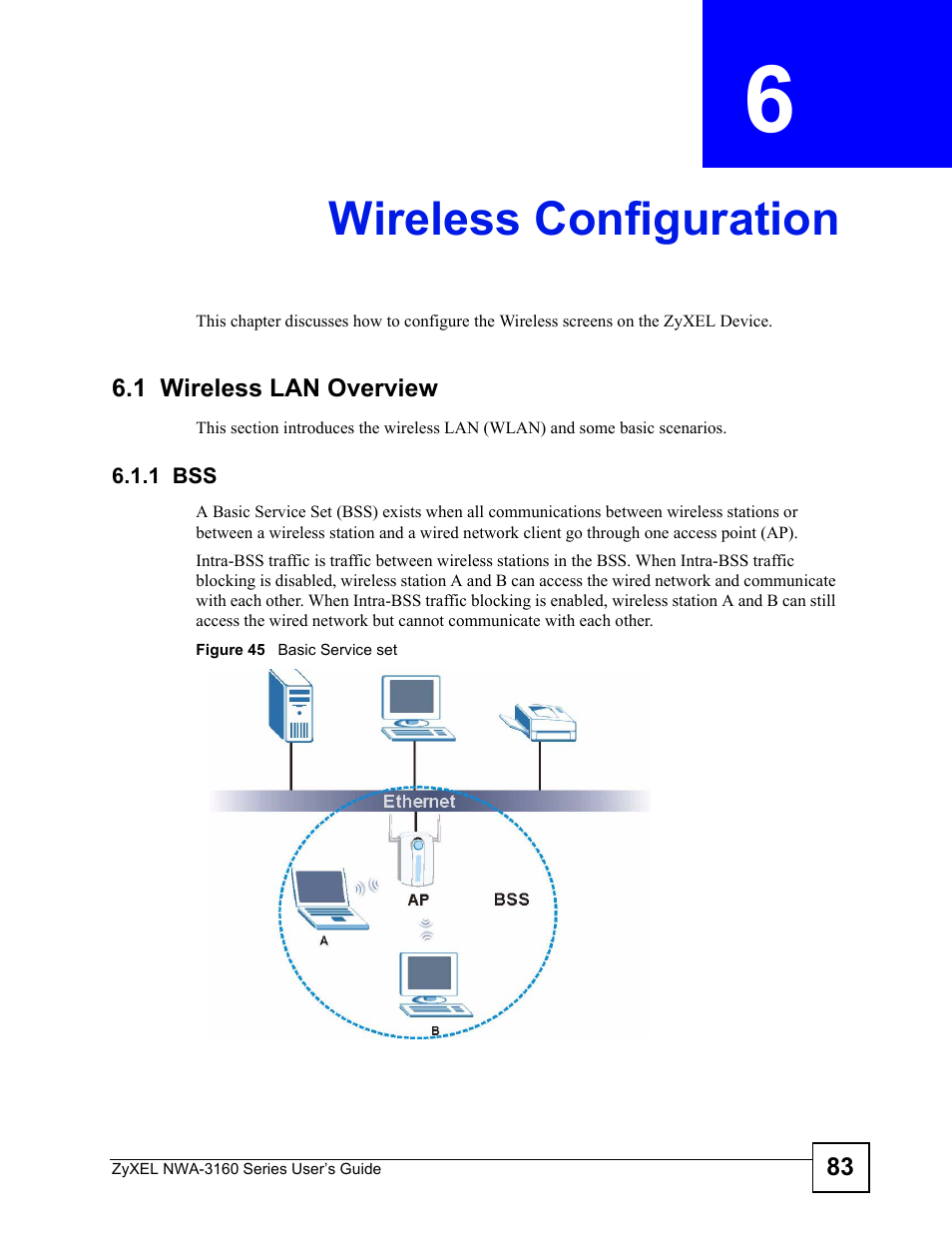 Wireless configuration, 1 wireless lan overview, 1 bss | Chapter 6 wireless configuration, Figure 45 basic service set, Chapter, Thes, Section 6.1.1 on, Wireless configuration (83) | ZyXEL Communications NWA-3160 Series User Manual | Page 83 / 320