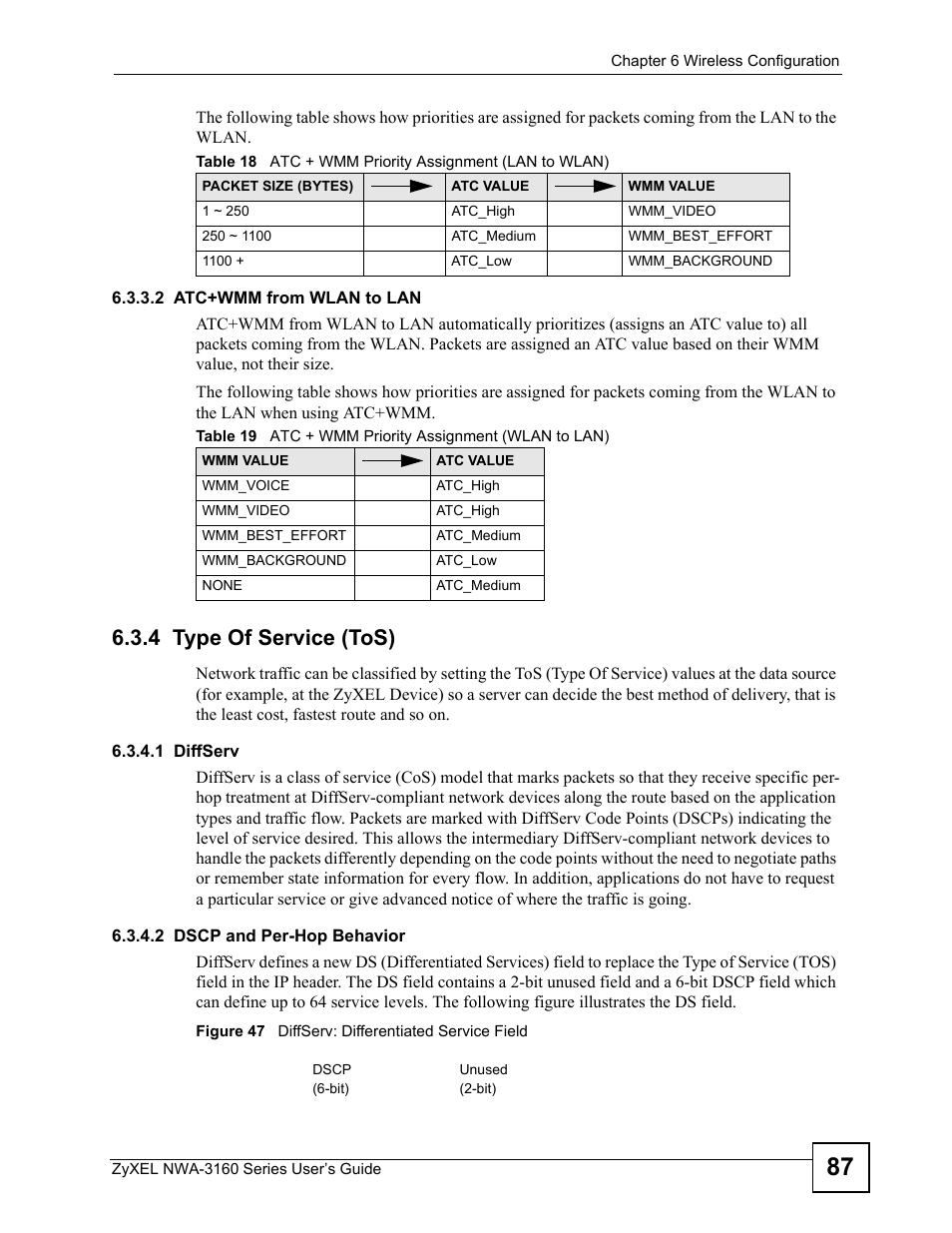 4 type of service (tos), 2 atc+wmm from wlan to lan, 1 diffserv 6.3.4.2 dscp and per-hop behavior | Figure 47 diffserv: differentiated service field | ZyXEL Communications NWA-3160 Series User Manual | Page 87 / 320