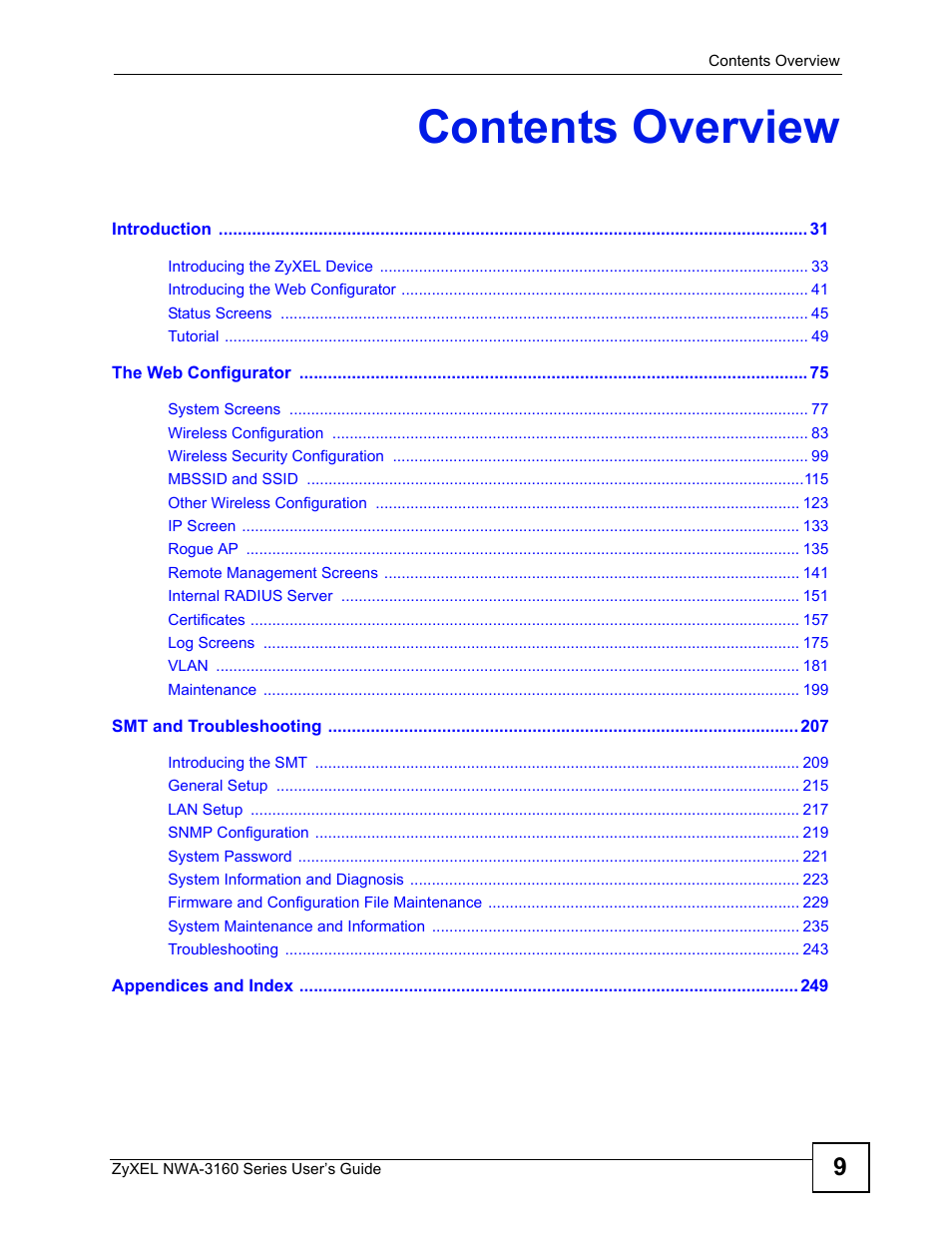 Contents overview | ZyXEL Communications NWA-3160 Series User Manual | Page 9 / 320