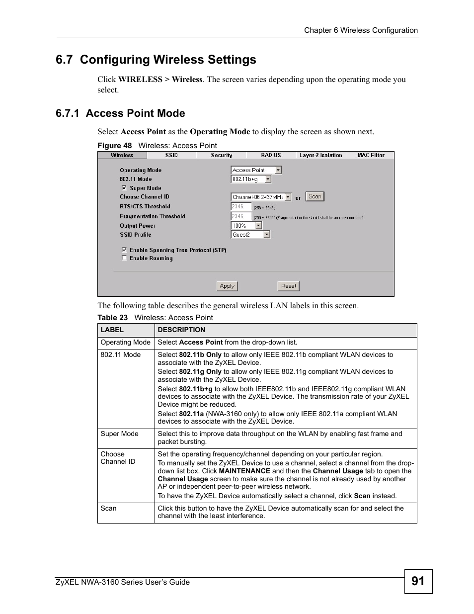 7 configuring wireless settings, 1 access point mode, Figure 48 wireless: access point | Table 23 wireless: access point, S): see, 91 6.7 configuring wireless settings | ZyXEL Communications NWA-3160 Series User Manual | Page 91 / 320
