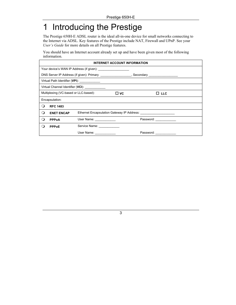 1 introducing the prestige | ZyXEL Communications Prestige 650H-E Series User Manual | Page 3 / 28