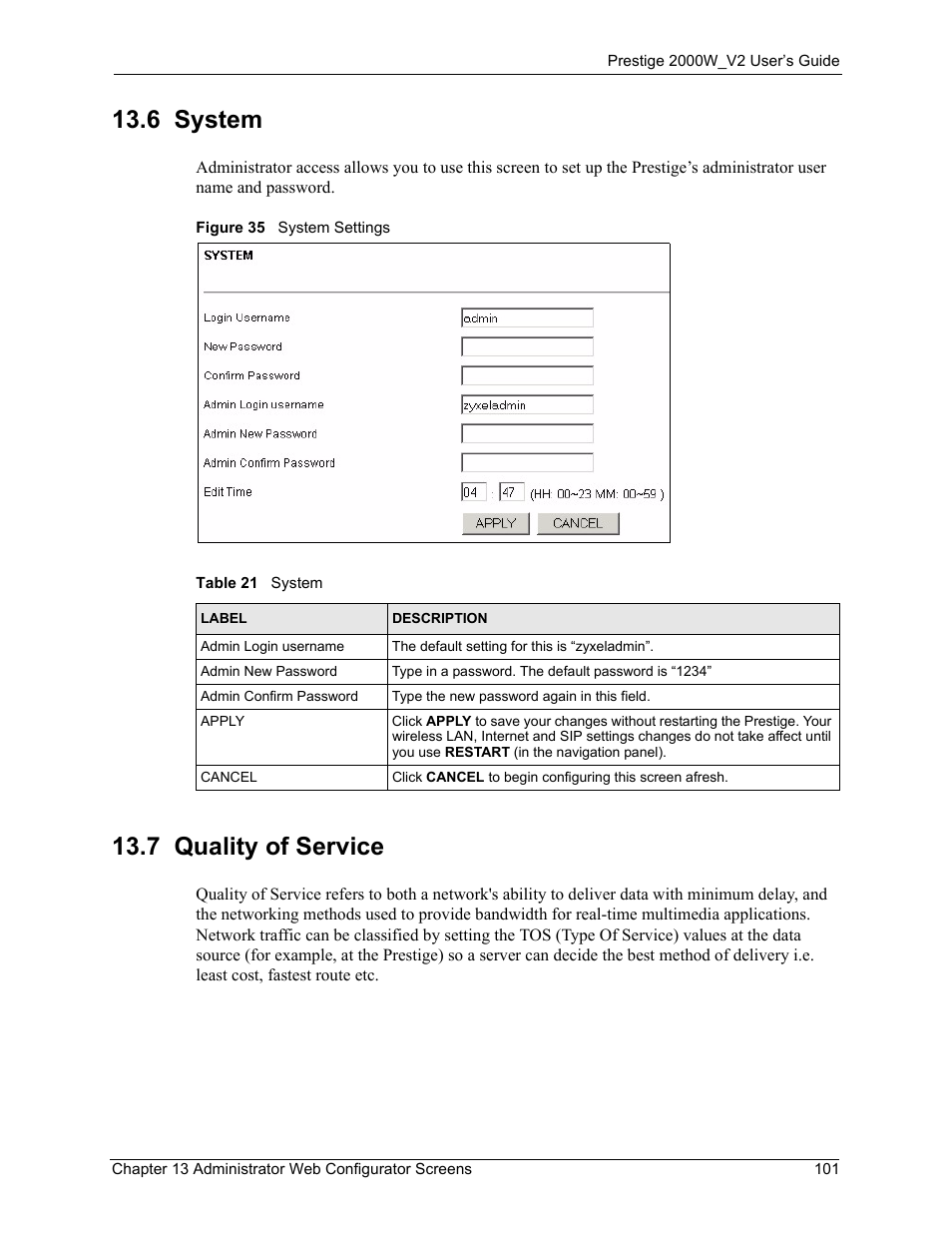 6 system, 7 quality of service, 6 system 13.7 quality of service | Figure 35 system settings, Table 21 system | ZyXEL Communications Prestige 2000W User Manual | Page 101 / 127