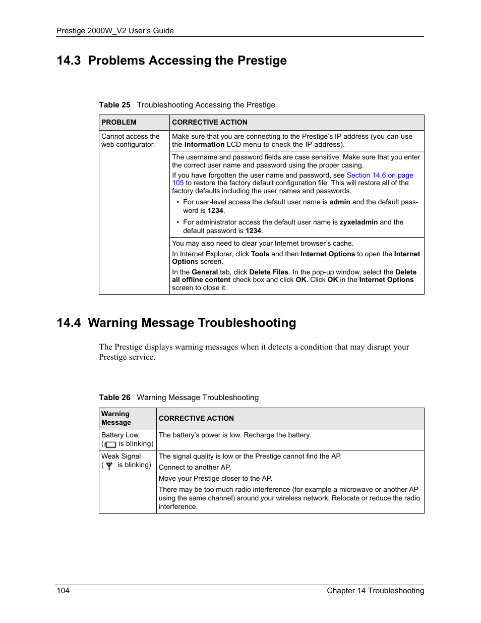 3 problems accessing the prestige, 4 warning message troubleshooting | ZyXEL Communications Prestige 2000W User Manual | Page 104 / 127