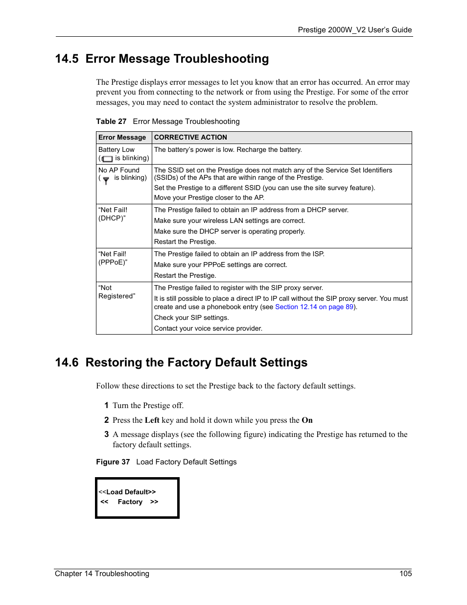 5 error message troubleshooting, 6 restoring the factory default settings, Figure 37 load factory default settings | Table 27 error message troubleshooting | ZyXEL Communications Prestige 2000W User Manual | Page 105 / 127