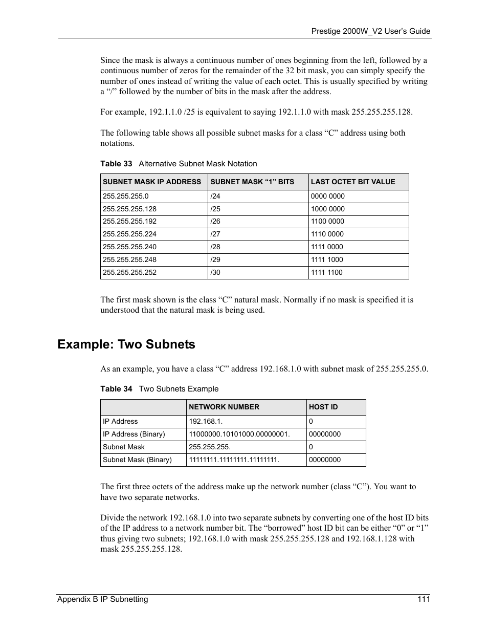 Example: two subnets | ZyXEL Communications Prestige 2000W User Manual | Page 111 / 127