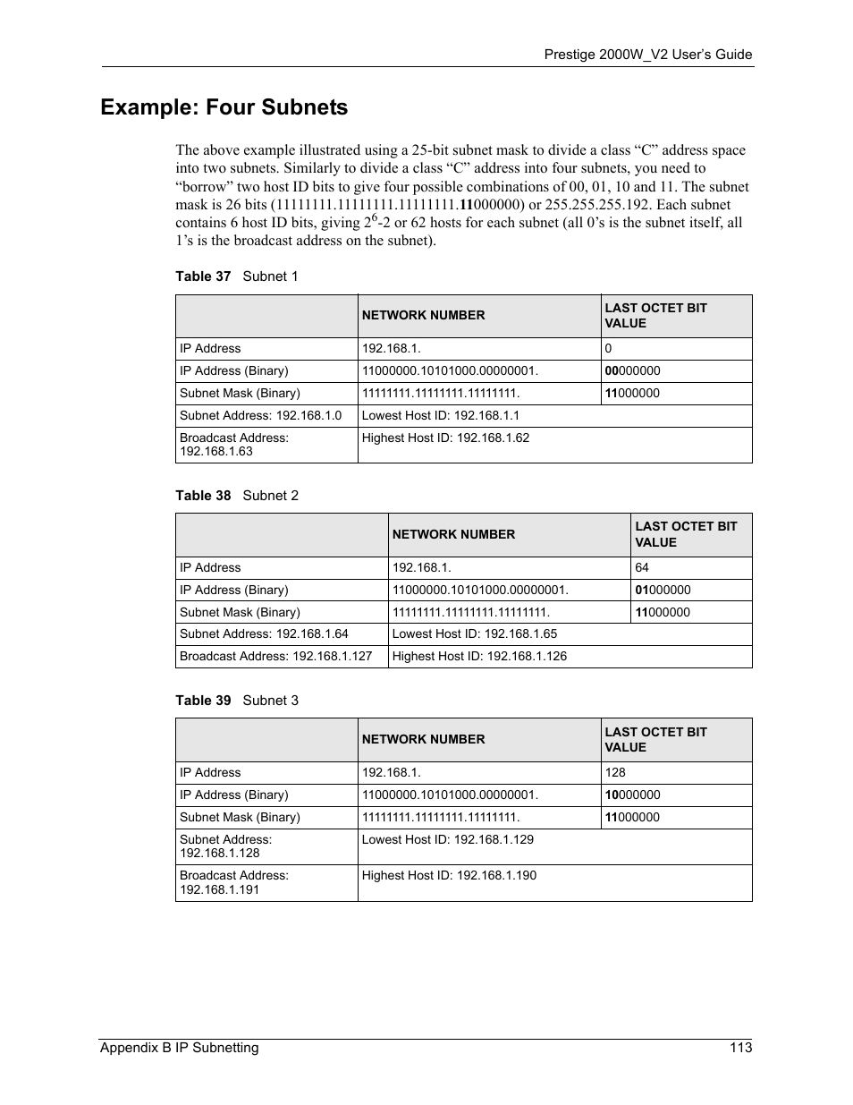 Example: four subnets, Table 37 subnet 1 table 38 subnet 2 | ZyXEL Communications Prestige 2000W User Manual | Page 113 / 127