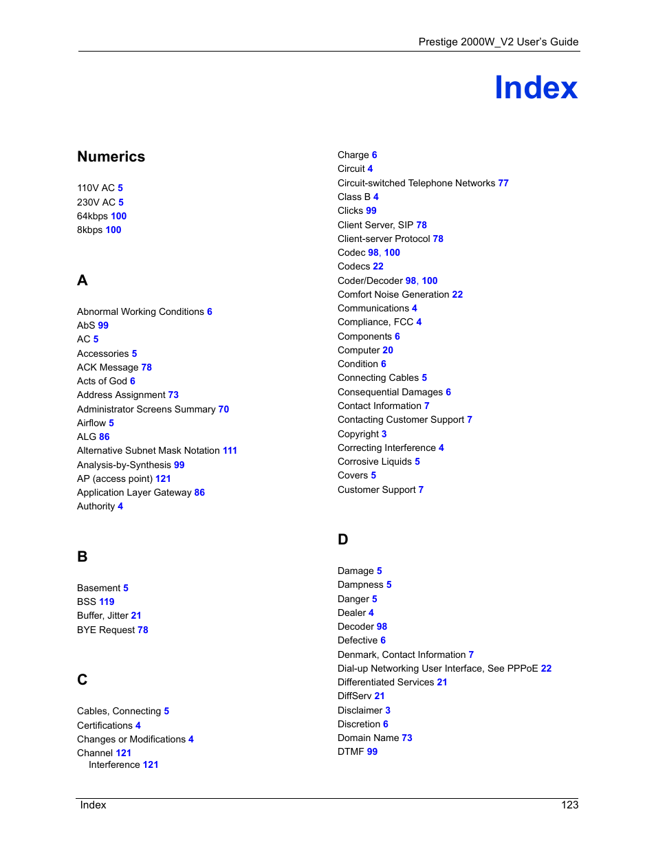 Index, Numerics | ZyXEL Communications Prestige 2000W User Manual | Page 123 / 127