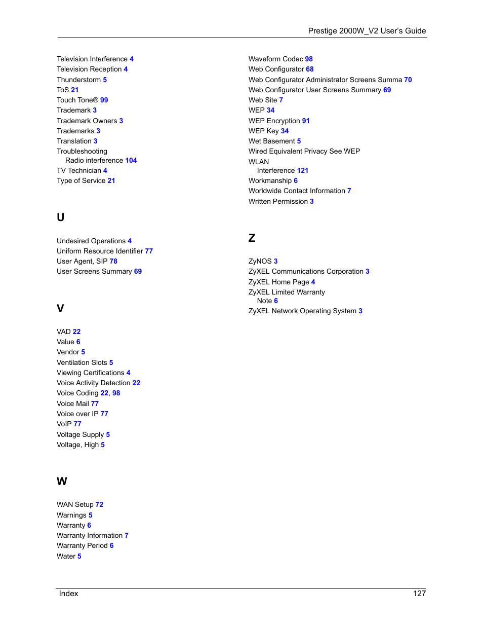ZyXEL Communications Prestige 2000W User Manual | Page 127 / 127