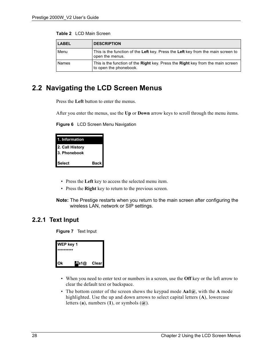 2 navigating the lcd screen menus, 1 text input | ZyXEL Communications Prestige 2000W User Manual | Page 28 / 127