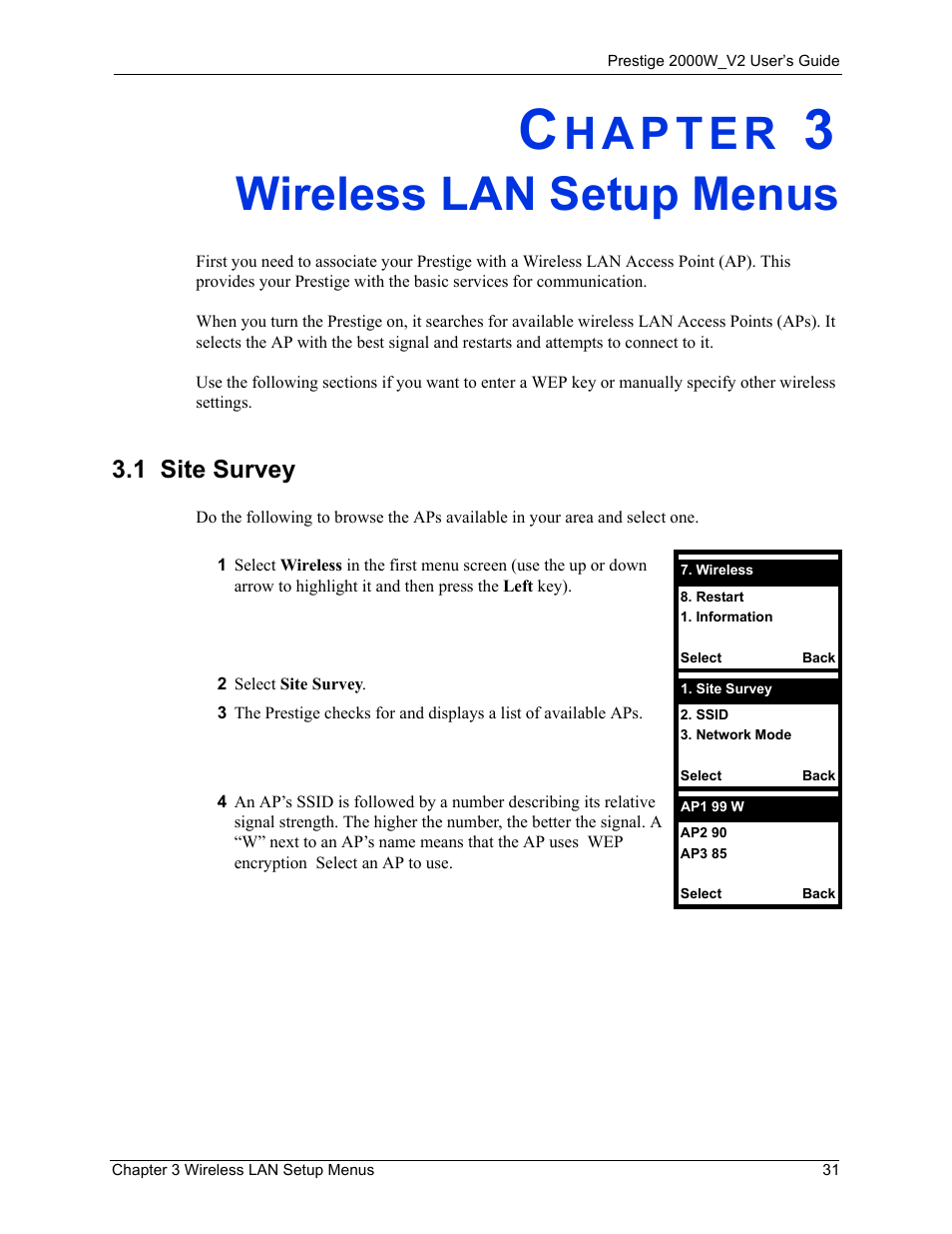 Wireless lan setup menus, 1 site survey, Chapter 3 wireless lan setup menus | ZyXEL Communications Prestige 2000W User Manual | Page 31 / 127