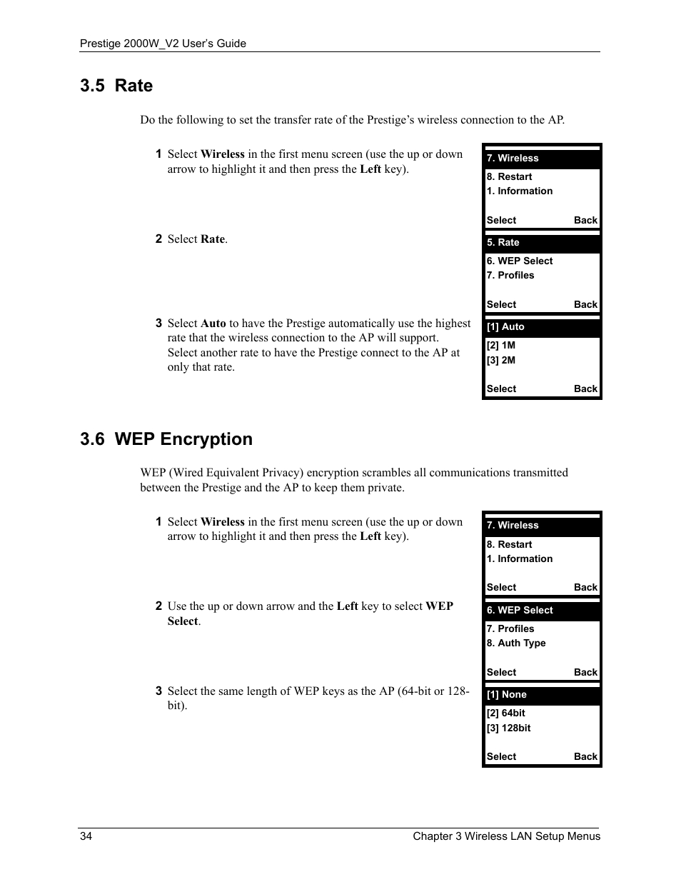 5 rate, 6 wep encryption, 5 rate 3.6 wep encryption | ZyXEL Communications Prestige 2000W User Manual | Page 34 / 127
