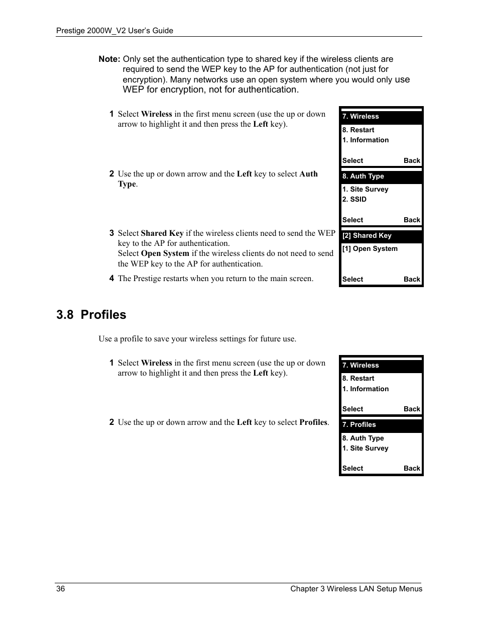 8 profiles | ZyXEL Communications Prestige 2000W User Manual | Page 36 / 127