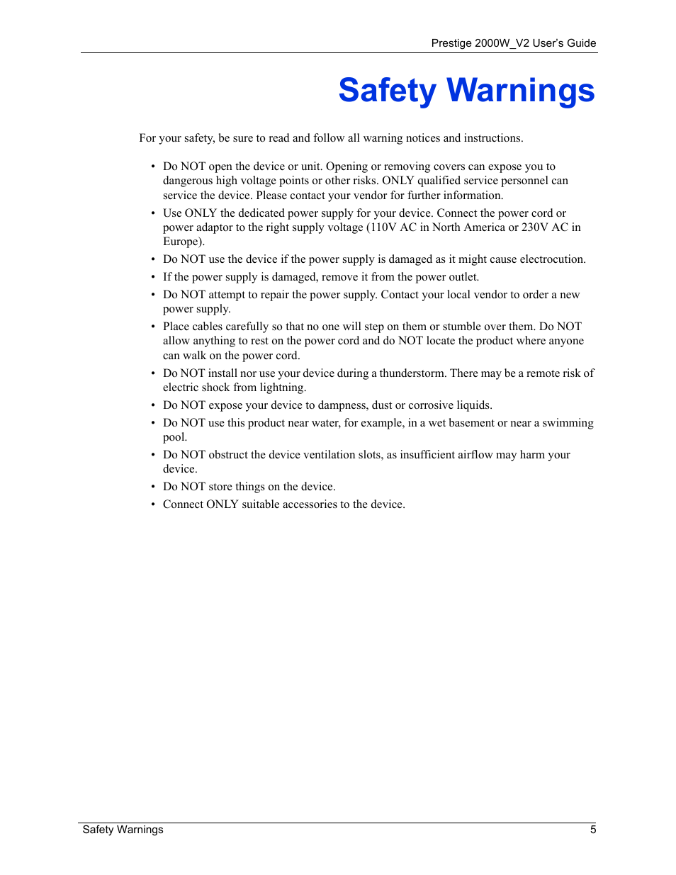 Safety warnings | ZyXEL Communications Prestige 2000W User Manual | Page 5 / 127