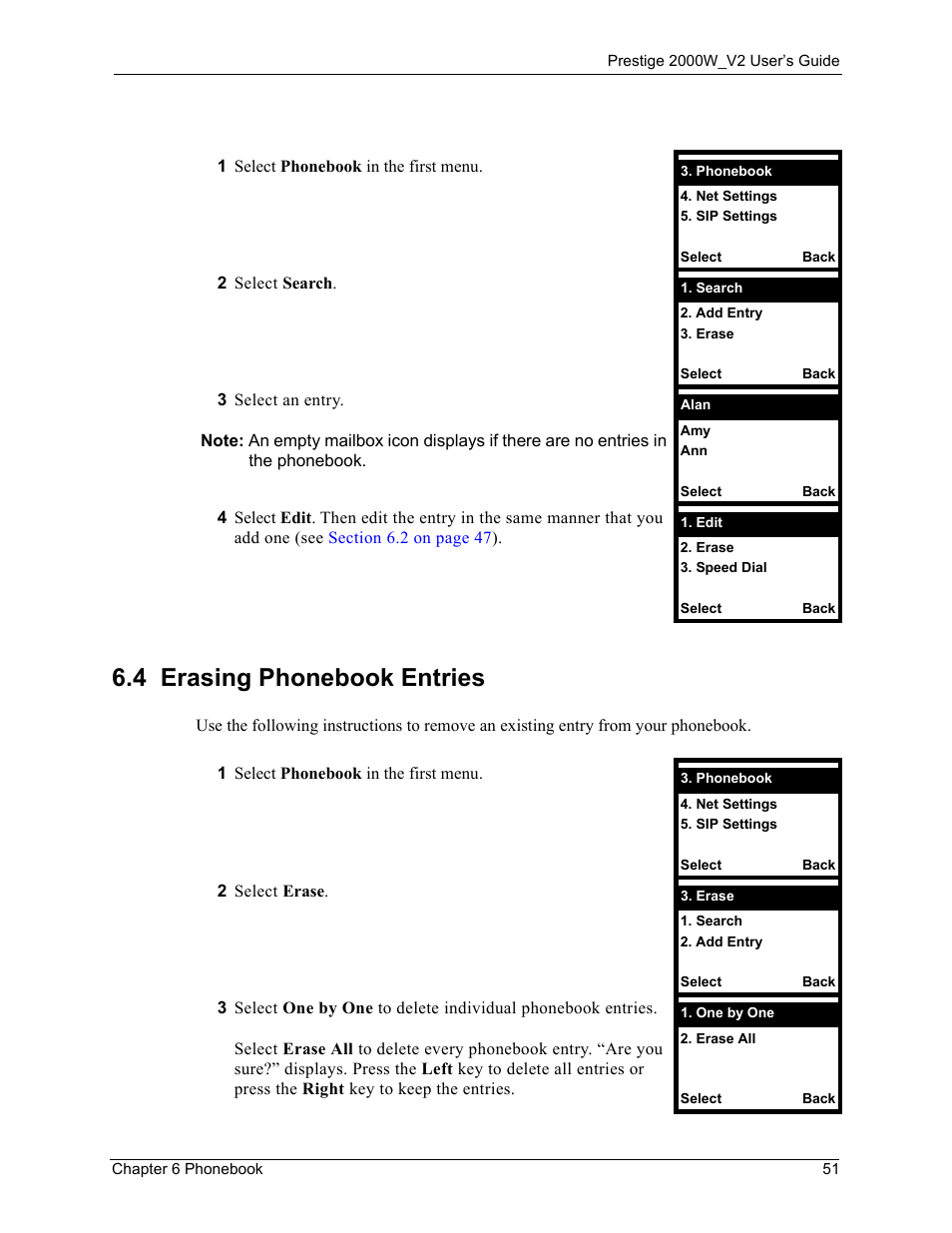 4 erasing phonebook entries | ZyXEL Communications Prestige 2000W User Manual | Page 51 / 127