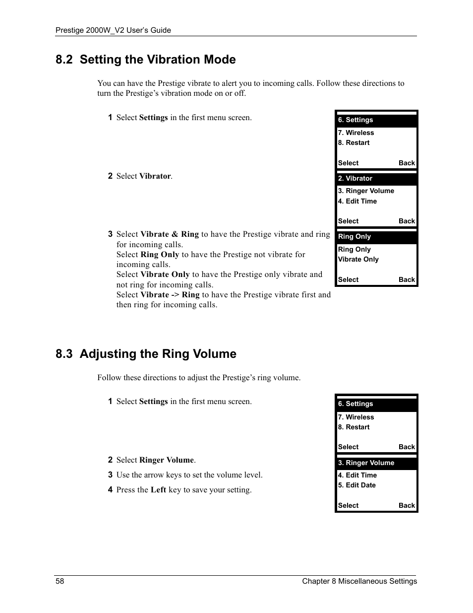 2 setting the vibration mode, 3 adjusting the ring volume | ZyXEL Communications Prestige 2000W User Manual | Page 58 / 127