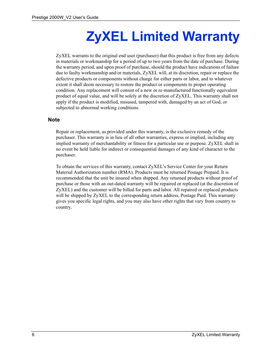 Zyxel limited warranty | ZyXEL Communications Prestige 2000W User Manual | Page 6 / 127