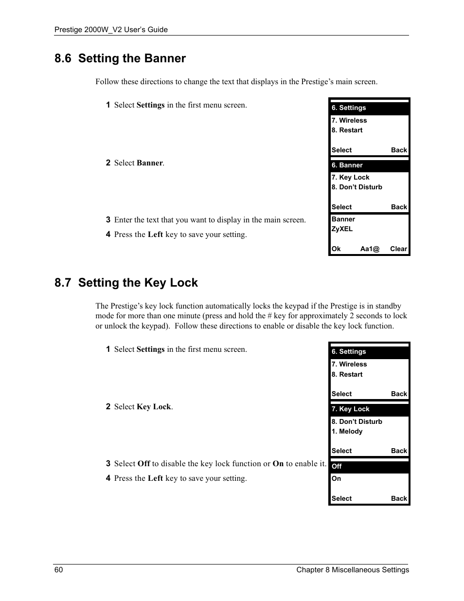 6 setting the banner, 7 setting the key lock, 6 setting the banner 8.7 setting the key lock | ZyXEL Communications Prestige 2000W User Manual | Page 60 / 127