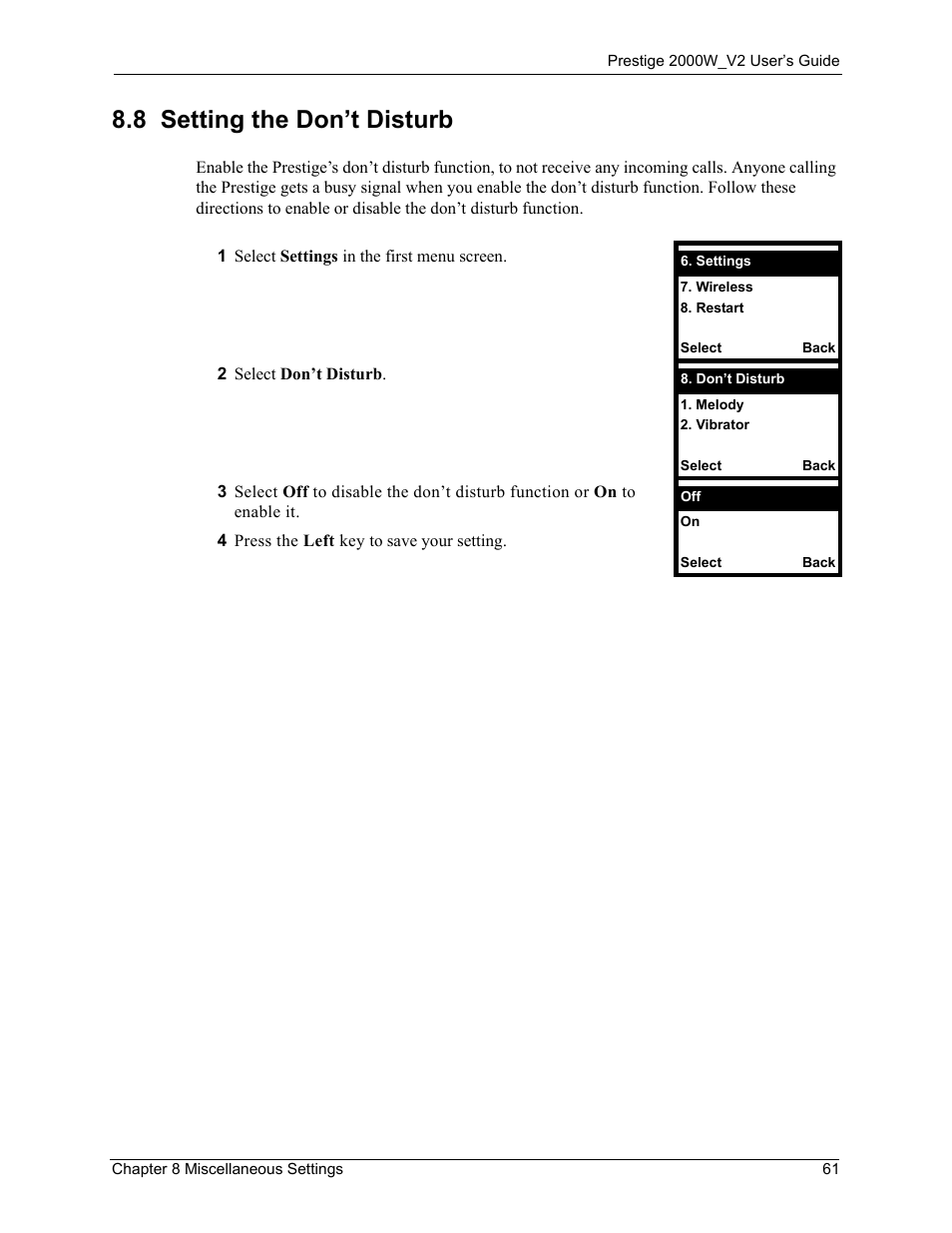 8 setting the don’t disturb | ZyXEL Communications Prestige 2000W User Manual | Page 61 / 127