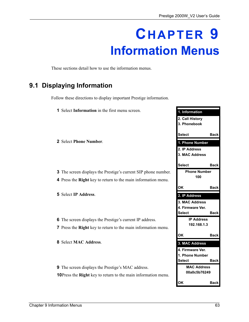 Information menus, 1 displaying information, Chapter 9 information menus | ZyXEL Communications Prestige 2000W User Manual | Page 63 / 127