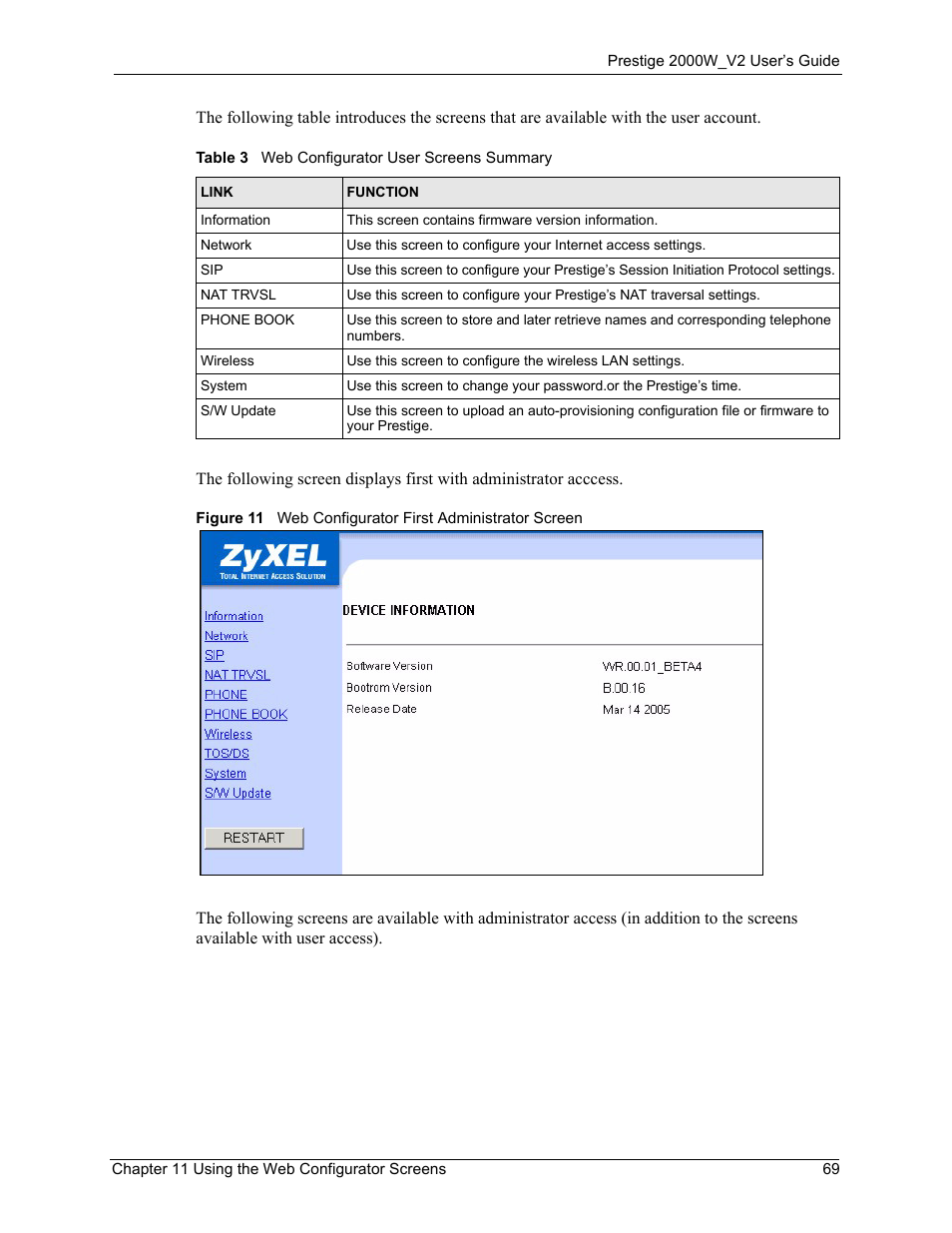 Table 3 web configurator user screens summary | ZyXEL Communications Prestige 2000W User Manual | Page 69 / 127