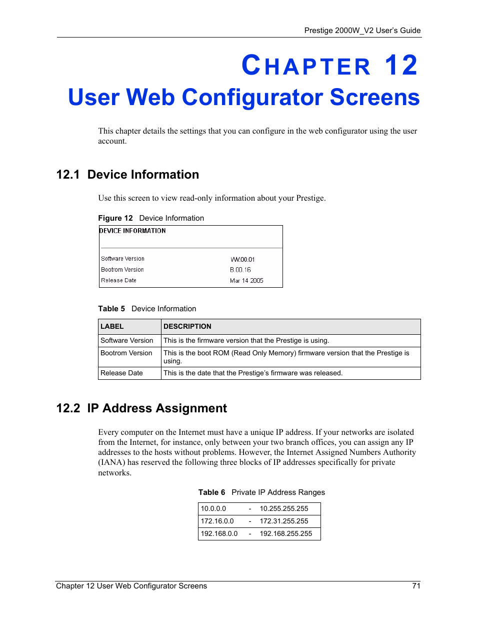 User web configurator screens, 1 device information, 2 ip address assignment | Chapter 12 user web configurator screens, 1 device information 12.2 ip address assignment, Figure 12 device information | ZyXEL Communications Prestige 2000W User Manual | Page 71 / 127