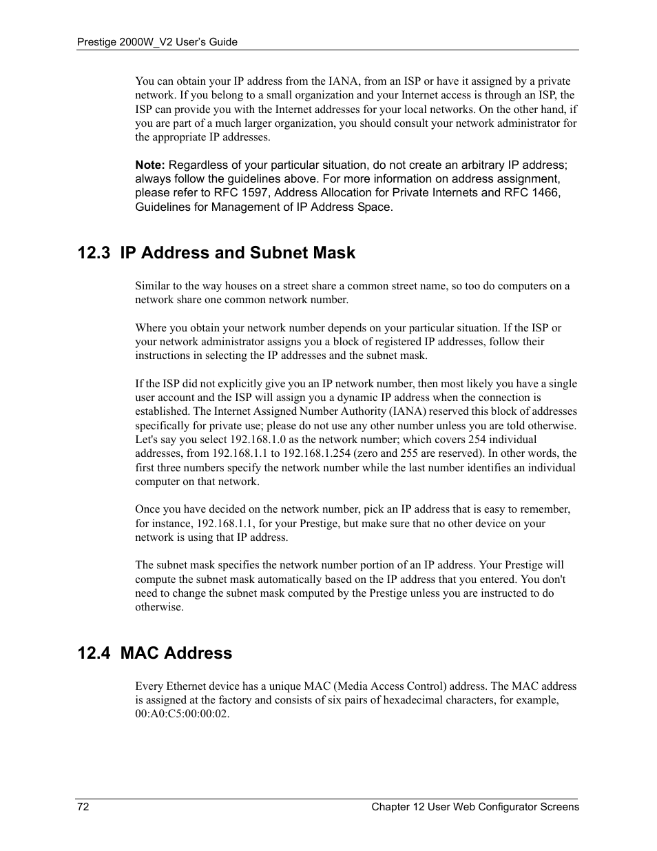 3 ip address and subnet mask, 4 mac address, 3 ip address and subnet mask 12.4 mac address | ZyXEL Communications Prestige 2000W User Manual | Page 72 / 127