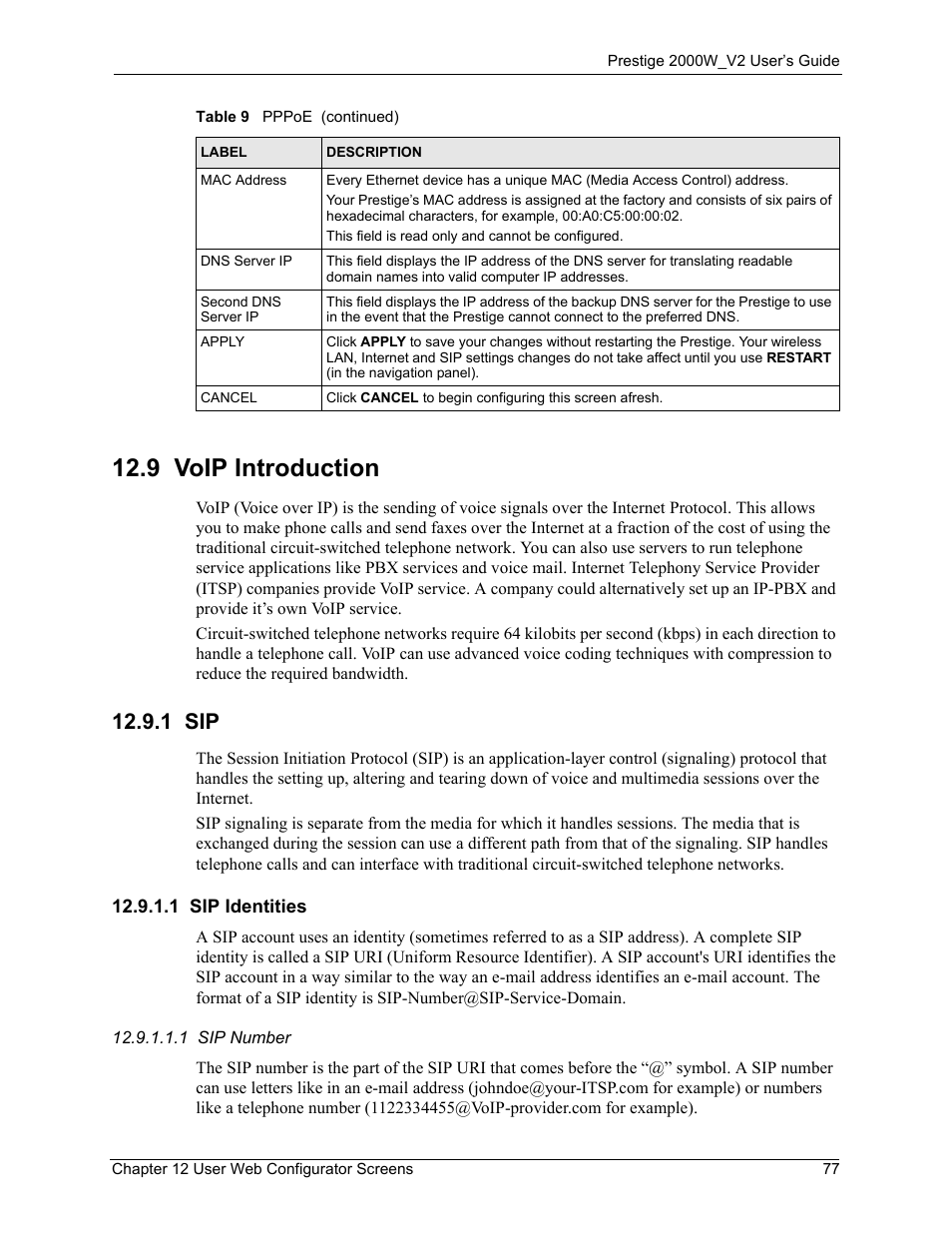 9 voip introduction, 1 sip, 1 sip identities | ZyXEL Communications Prestige 2000W User Manual | Page 77 / 127