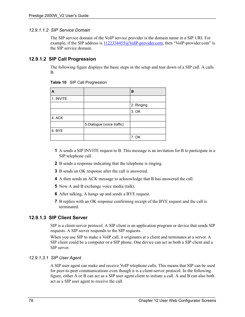2 sip call progression, 3 sip client server, 2 sip call progression 12.9.1.3 sip client server | Table 10 sip call progression | ZyXEL Communications Prestige 2000W User Manual | Page 78 / 127