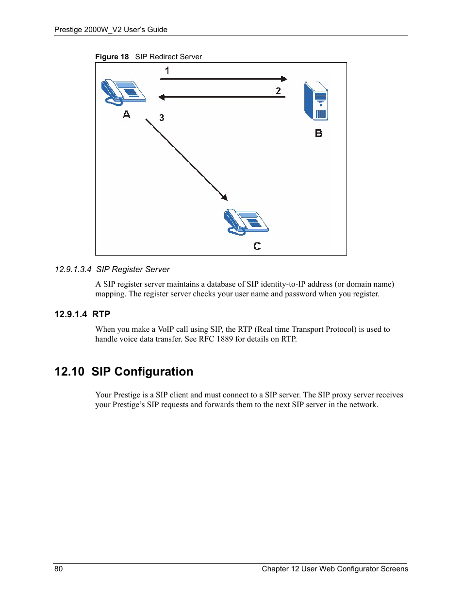 4 rtp, 10 sip configuration, Figure 18 sip redirect server | ZyXEL Communications Prestige 2000W User Manual | Page 80 / 127