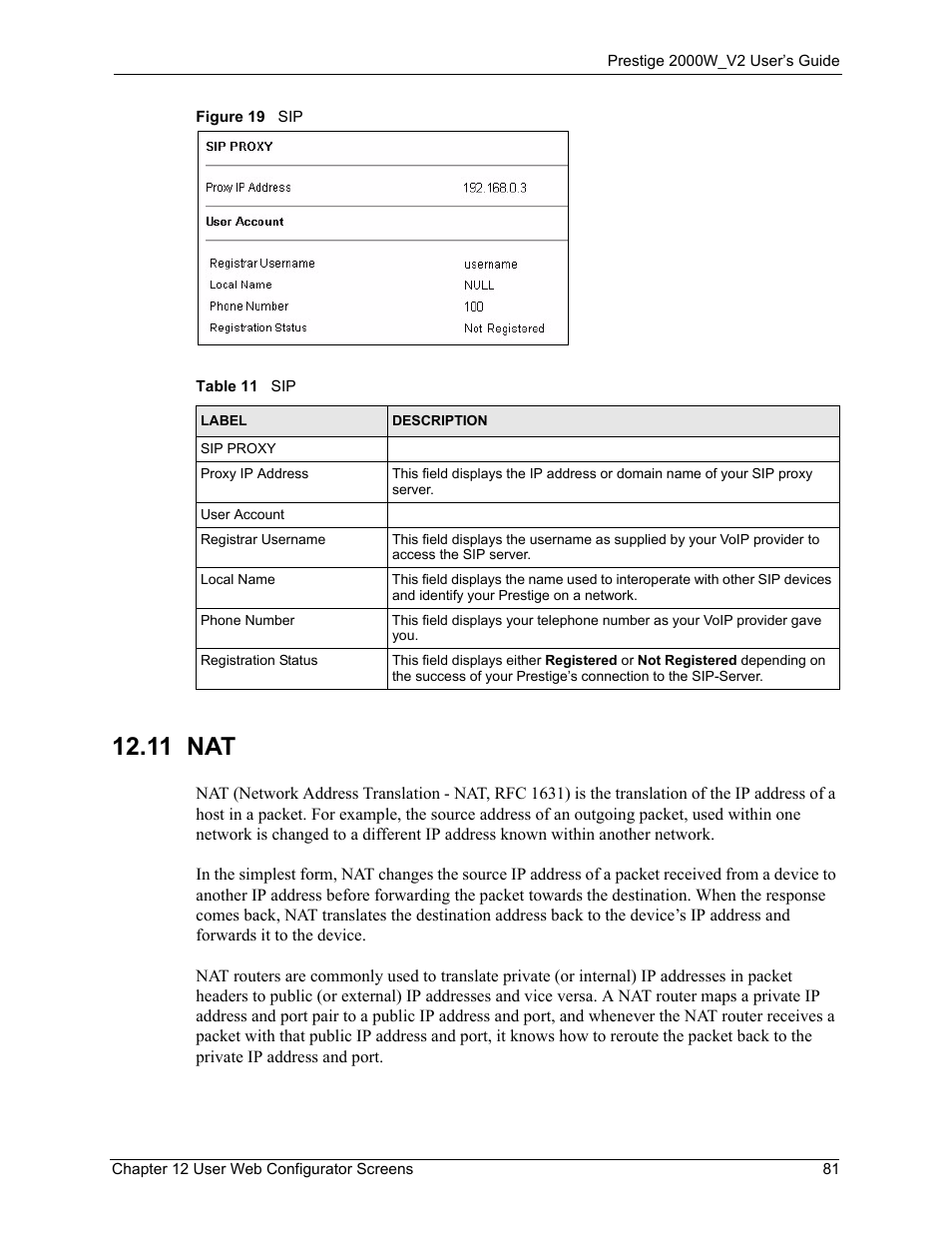 11 nat, Figure 19 sip, Table 11 sip | ZyXEL Communications Prestige 2000W User Manual | Page 81 / 127