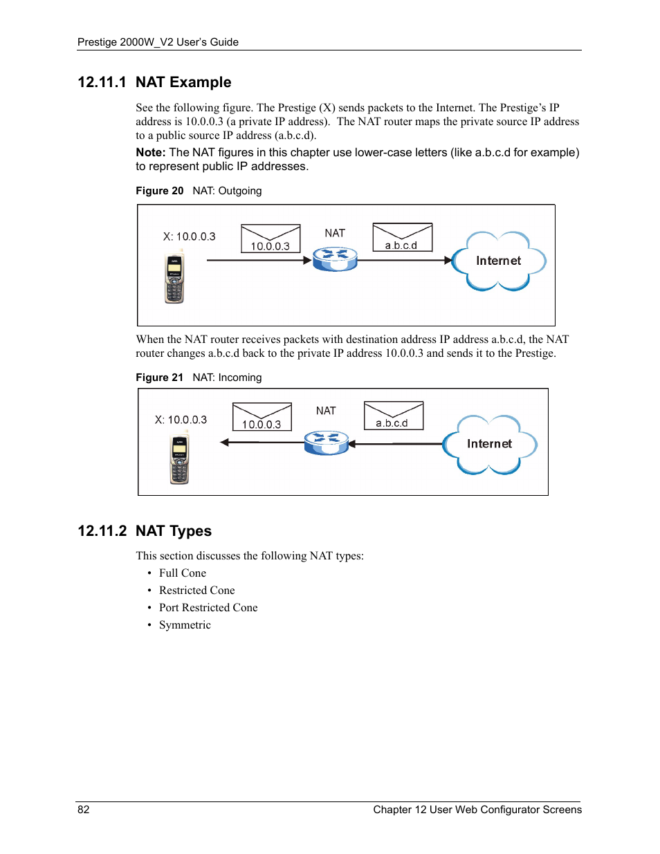 1 nat example, 2 nat types, 1 nat example 12.11.2 nat types | Figure 20 nat: outgoing figure 21 nat: incoming | ZyXEL Communications Prestige 2000W User Manual | Page 82 / 127