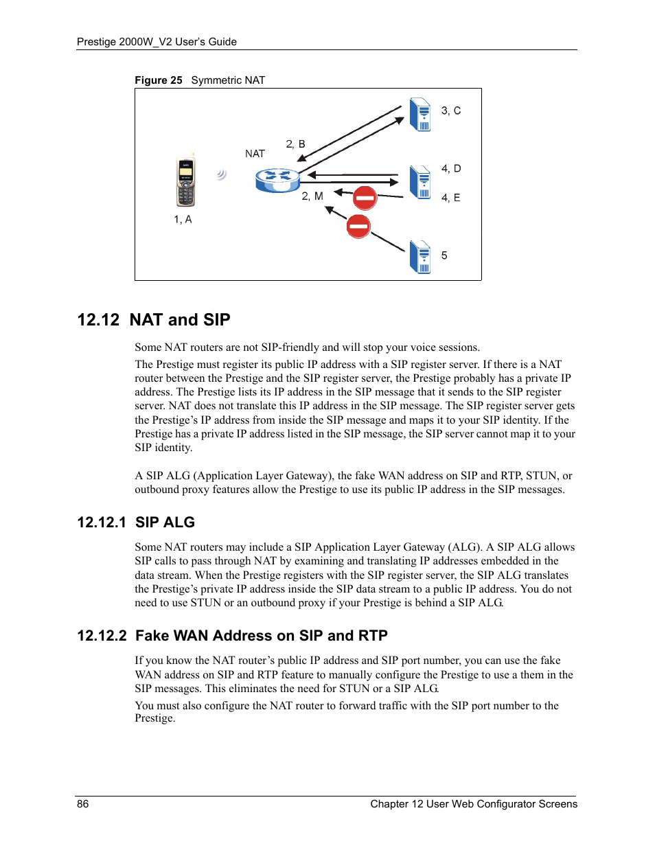 12 nat and sip, 1 sip alg, 2 fake wan address on sip and rtp | 1 sip alg 12.12.2 fake wan address on sip and rtp, Figure 25 symmetric nat | ZyXEL Communications Prestige 2000W User Manual | Page 86 / 127