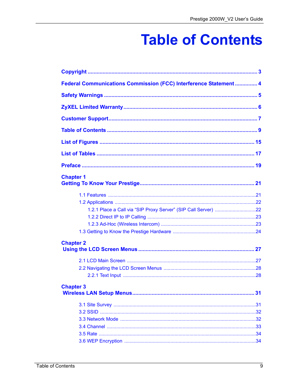 ZyXEL Communications Prestige 2000W User Manual | Page 9 / 127