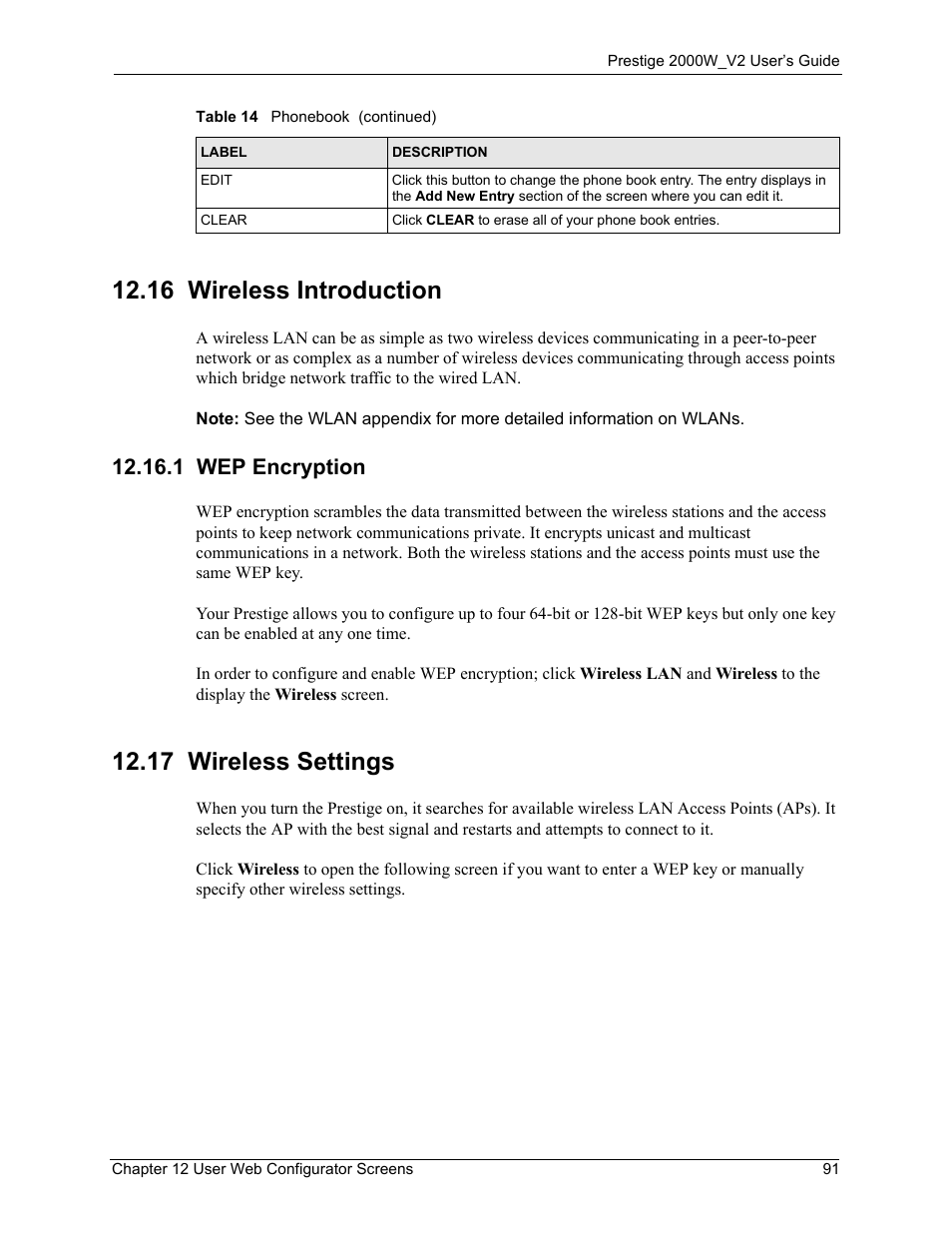 16 wireless introduction, 1 wep encryption, 17 wireless settings | ZyXEL Communications Prestige 2000W User Manual | Page 91 / 127