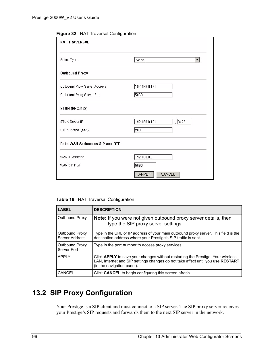 2 sip proxy configuration, Figure 32 nat traversal configuration, Table 18 nat traversal configuration | ZyXEL Communications Prestige 2000W User Manual | Page 96 / 127
