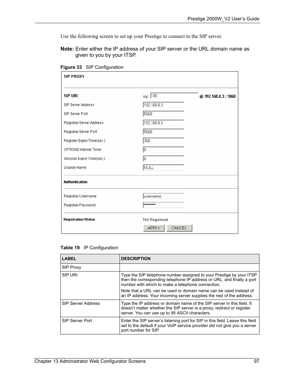 Figure 33 sip configuration, Table 19 ip configuration | ZyXEL Communications Prestige 2000W User Manual | Page 97 / 127