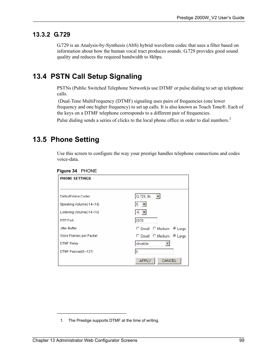 2 g.729, 4 pstn call setup signaling, 5 phone setting | 4 pstn call setup signaling 13.5 phone setting, Figure 34 phone | ZyXEL Communications Prestige 2000W User Manual | Page 99 / 127