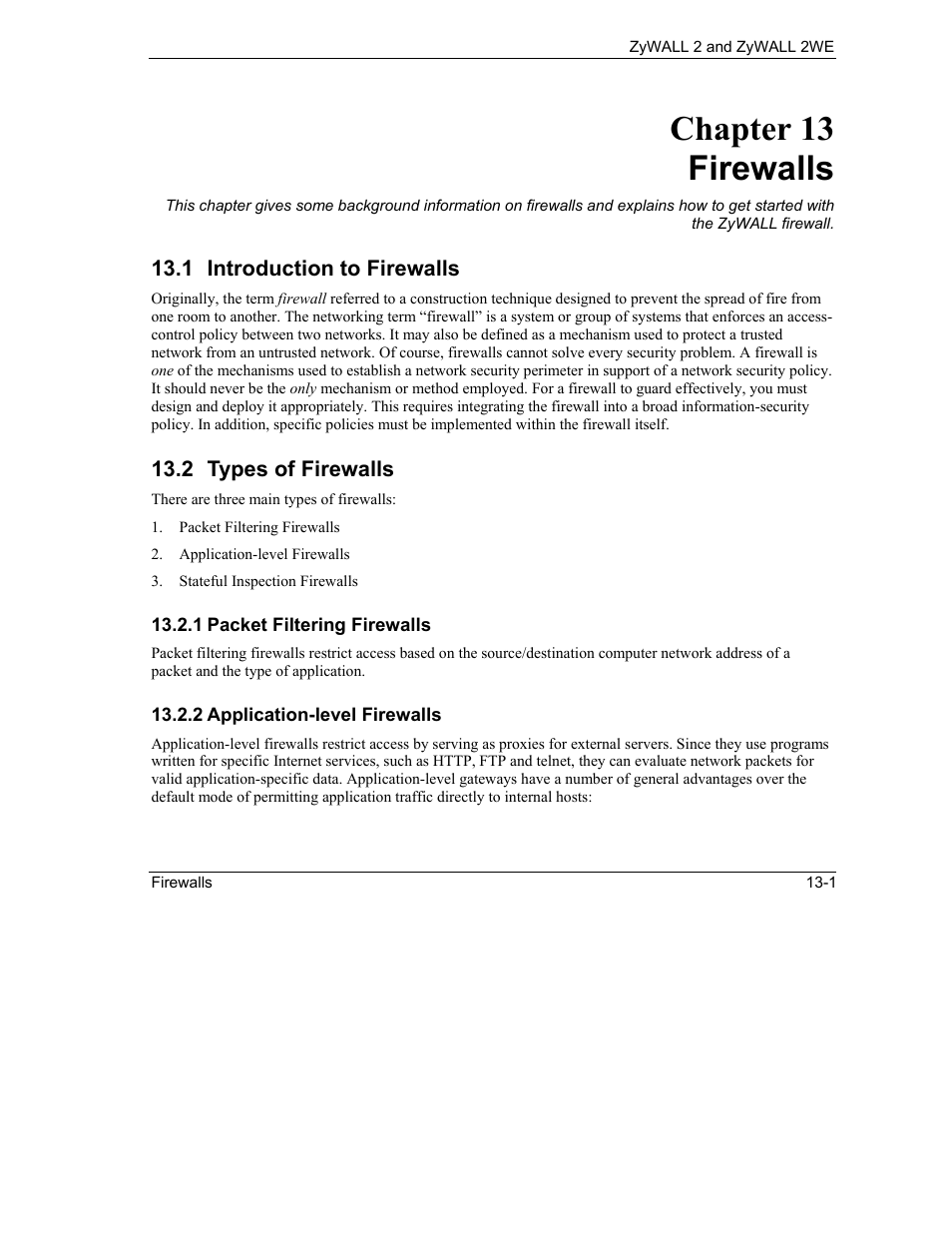 Firewalls, Introduction to firewalls, Types of firewalls | Chapter 13 firewalls | ZyXEL Communications ZyXEL ZyWALL 2WE User Manual | Page 147 / 433