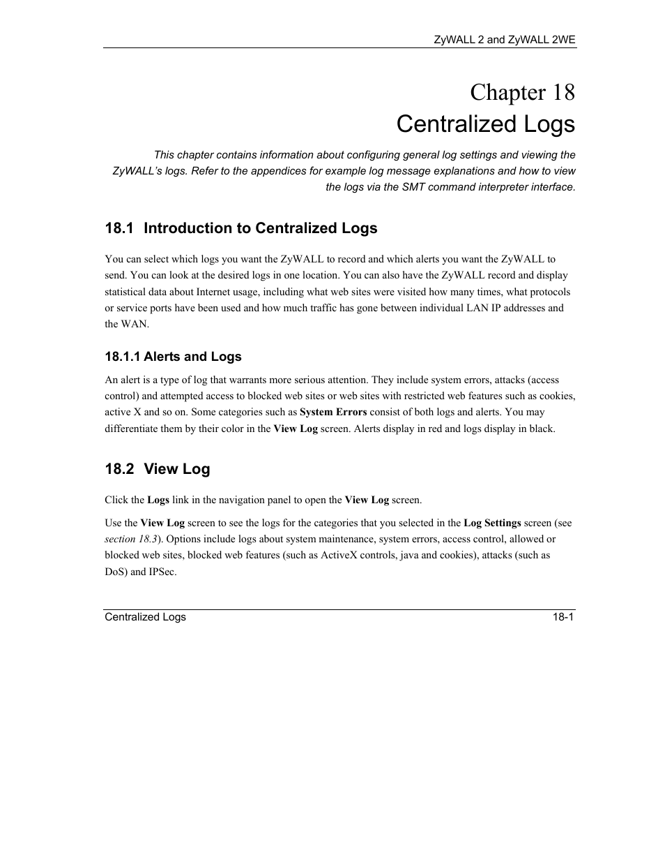Centralized logs, Introduction to centralized logs, View log | Chapter 18 centralized logs | ZyXEL Communications ZyXEL ZyWALL 2WE User Manual | Page 197 / 433