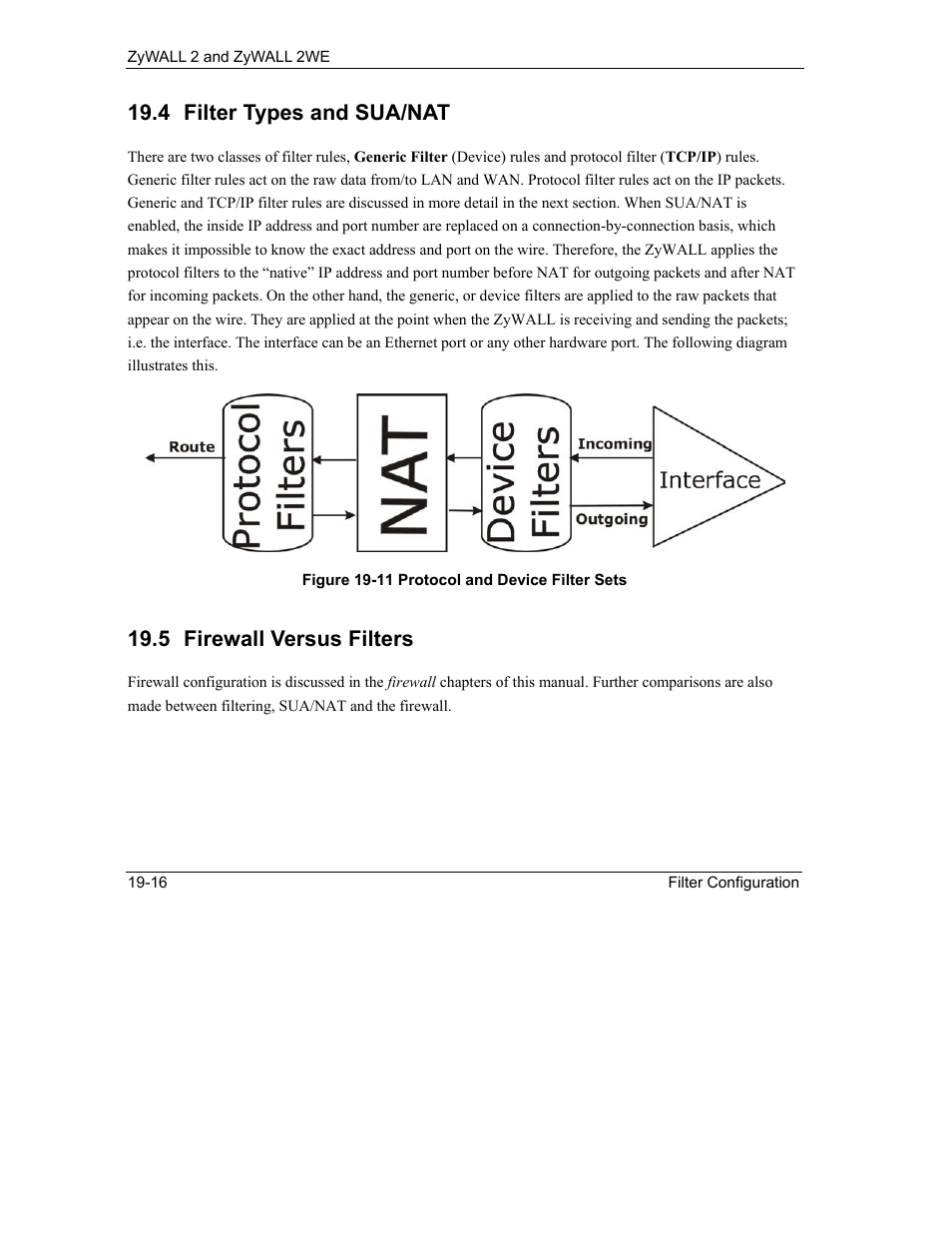 Filter types and sua/nat, Firewall versus filters, 4 filter types and sua/nat | 5 firewall versus filters | ZyXEL Communications ZyXEL ZyWALL 2WE User Manual | Page 224 / 433