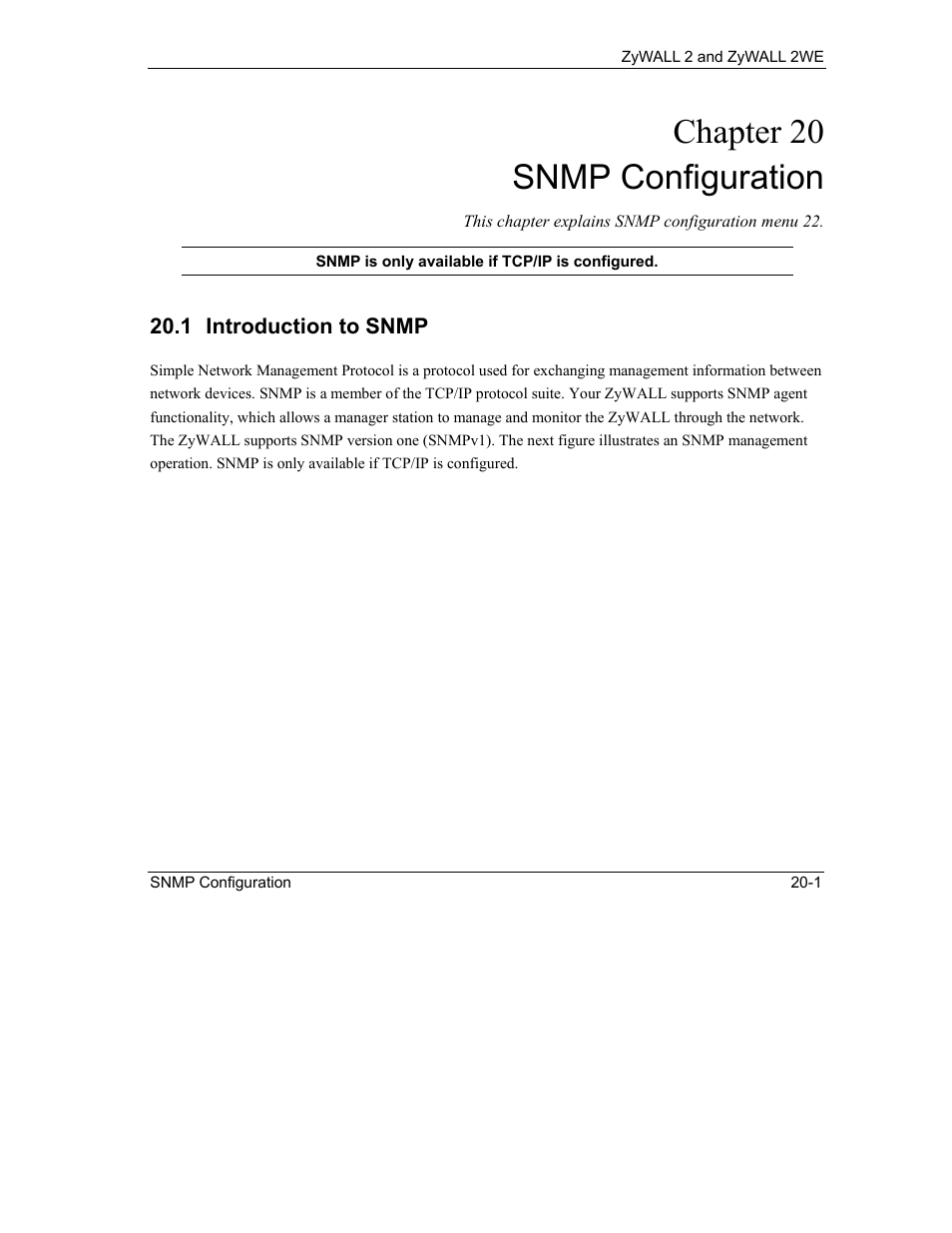 Snmp configuration, Introduction to snmp, Chapter 20 snmp configuration | ZyXEL Communications ZyXEL ZyWALL 2WE User Manual | Page 227 / 433