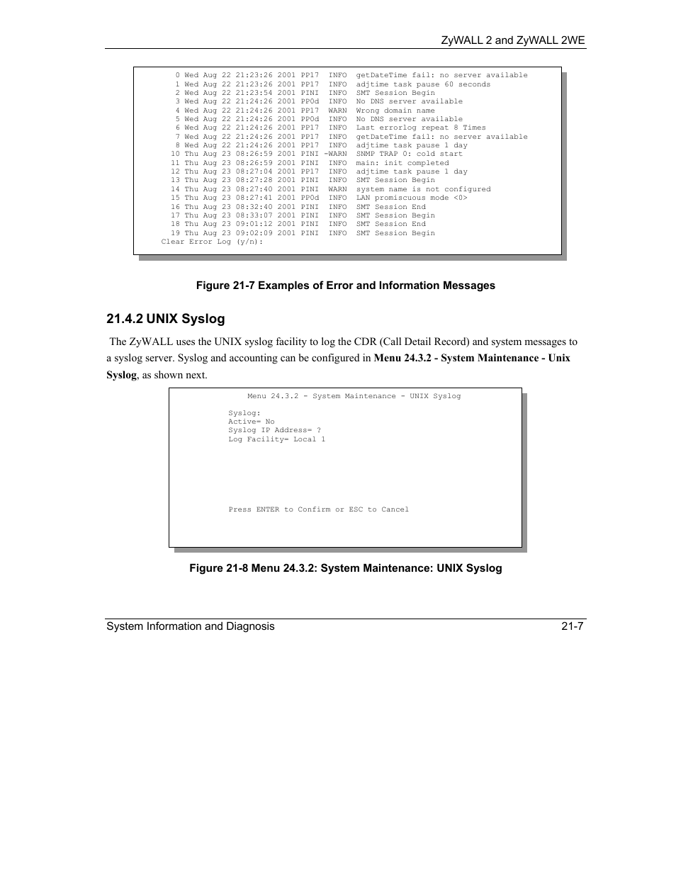 2 unix syslog | ZyXEL Communications ZyXEL ZyWALL 2WE User Manual | Page 239 / 433