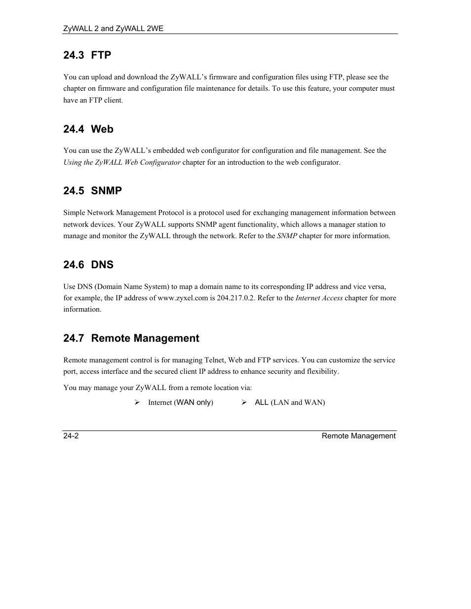 Snmp, Remote management, 3 ftp | 4 web, 5 snmp, 6 dns, 7 remote management | ZyXEL Communications ZyXEL ZyWALL 2WE User Manual | Page 276 / 433